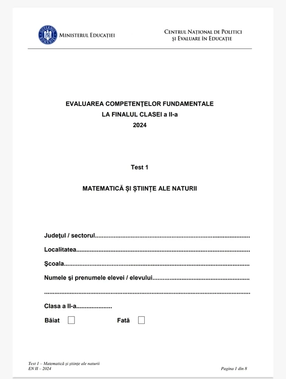 Testul 1 Matematică și Științele Naturii clasa a II a (1) jpeg