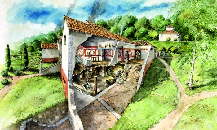 Reconstituire a unei părţi dintr-un complex de tip villa rustica în Lullingstone (Marea Britanie); în timpul ocupaţiei romane, vila era locuită fie de cetăţeni romani cu stare, fie de localnici care adoptaseră cutumele romane. Aşa se poate să fi arăt
