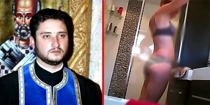 Preotul Florinel Apostol în timp ce instala camera video în baie 