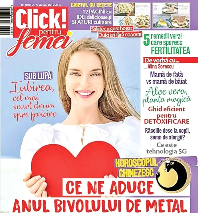 
    Iată ce mai poţi citi în  numărul 3 al revistei Click!  pentru femei: Fereşte-ţi  câinele de alimentele  periculoase. Decorează  casa în stil romantic! Bijuteria din Ţara Lăpuşului,  Mănăstirea Sfânta Ana  