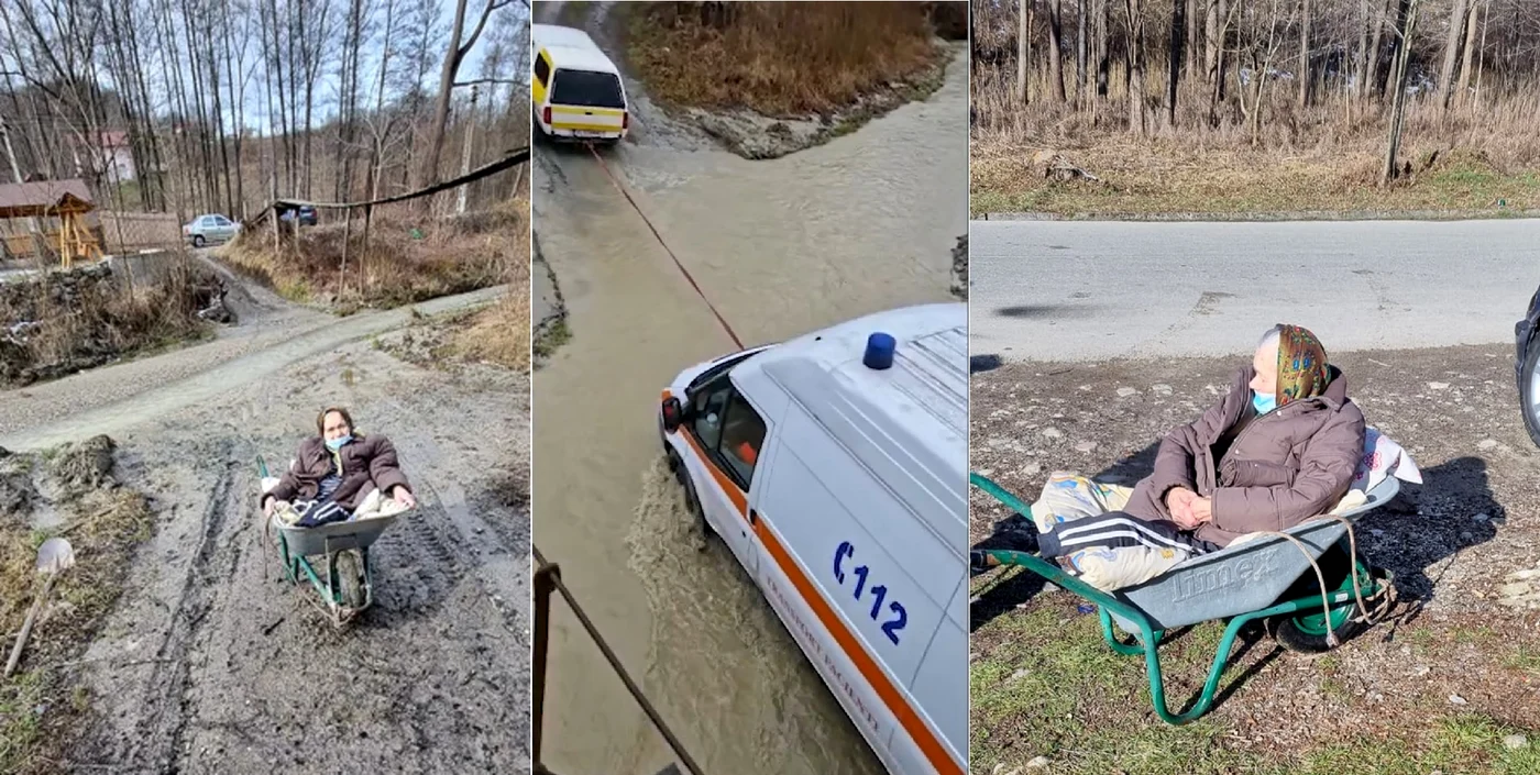 Bătrâna din Golești Vâlcea transportată cu roaba pentru că are picioarele amputate Sursă colaj