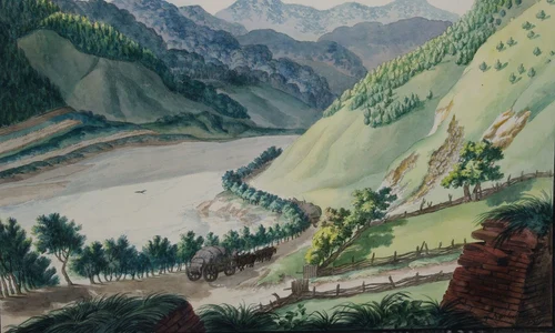 Valea Oltului la Turnu Roşu. Desen de Franz Neuhauser (© Wikimedia Commons)