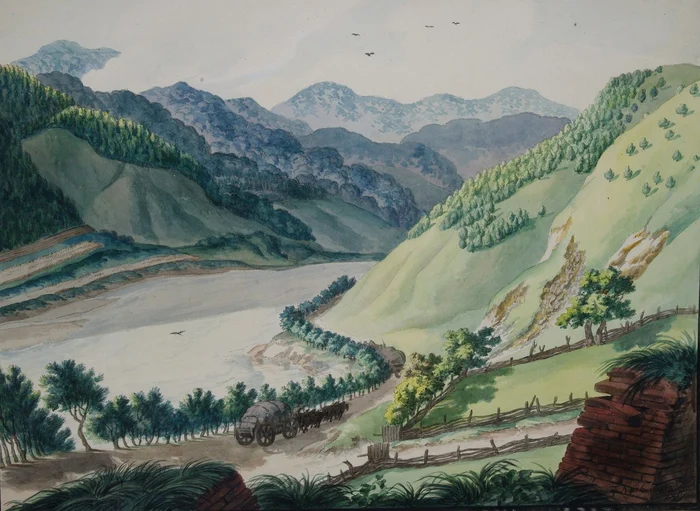 Valea Oltului la Turnu Roşu. Desen de Franz Neuhauser (© Wikimedia Commons)
