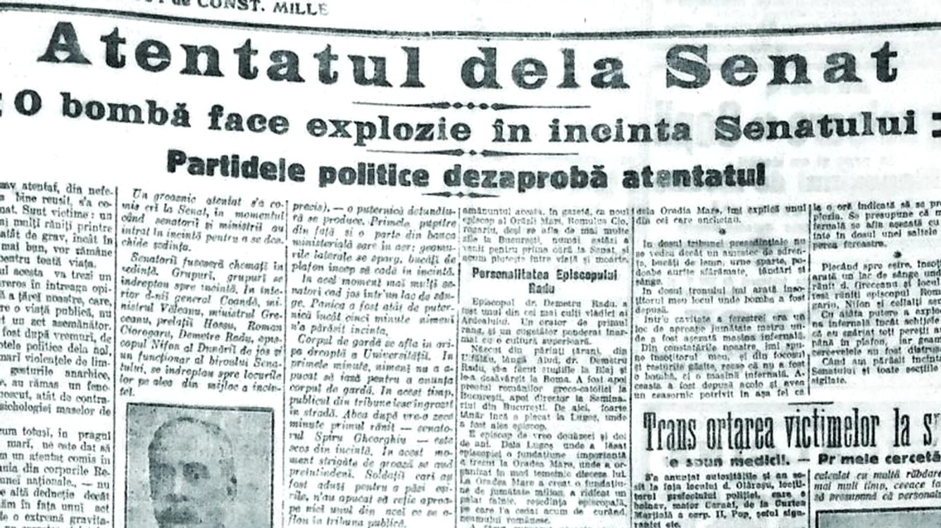 
    Prima pagină din ziarul Adevărul din 9 decembrie 1920, în care era anunțat atentatul petrecut în Senat cu o zi în urmăFoto: historia.ro  