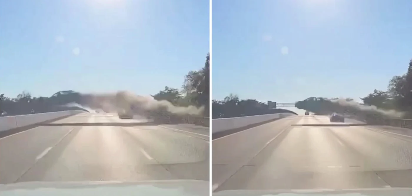 Momentul în care un bărbat zboară cu mașina pe autostradă FOTO: Captură video