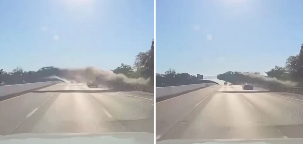 Momentul în care un bărbat „zboară” cu mașina peste șase benzi de autostradă, „ca un meteor”