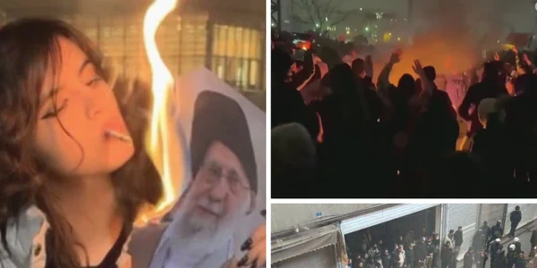 proteste in iran si femei care isi aprind tigara cu imaginea arzand a liderului suprem foto colaj x @visegrad24 @ZAK514 si youtube the guardian png
