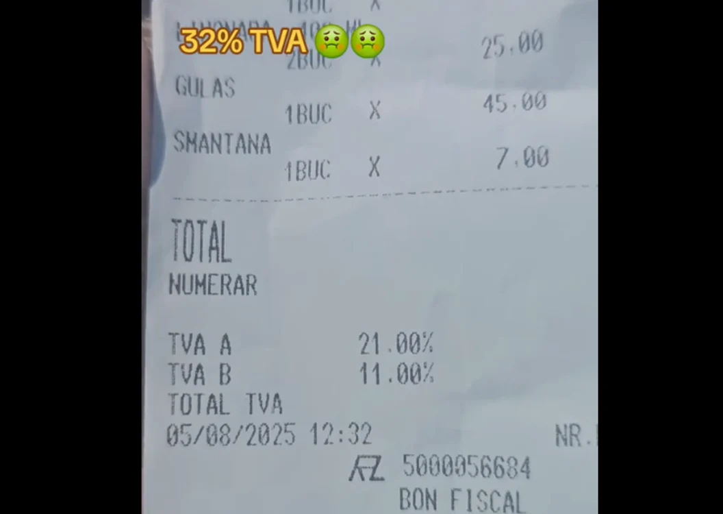Bonul prezentat este însoțit de un comentariu neadevărat: 32% TVA. FOTO TikTok