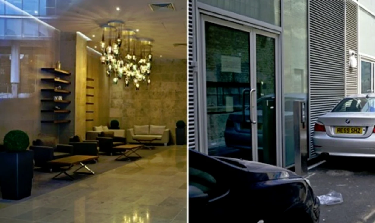 În stânga, holul luxos dintr-o clădire cu apartamente de pe One Commercial Stree, destinată cumpărătorilor bogaţi. În dreapta, intrarea laterală în aceeaşi clădire, rezervată chiriaşilor de locuinţe la preţuri accesibile. FOTO The Guardian