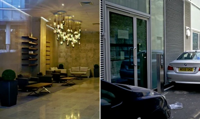 În stânga, holul luxos dintr-o clădire cu apartamente de pe One Commercial Stree, destinată cumpărătorilor bogaţi. În dreapta, intrarea laterală în aceeaşi clădire, rezervată chiriaşilor de locuinţe la preţuri accesibile. FOTO The Guardian