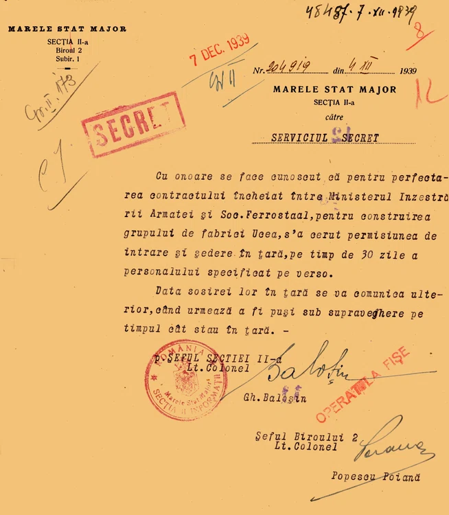 Document al structurilor informative din anii interbelici. Sursa: arhive SRI