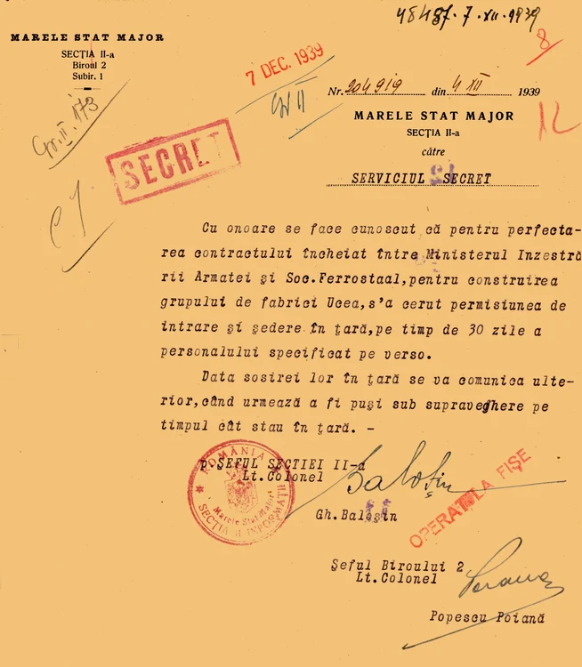 Document al structurilor informative din anii interbelici. Sursa: arhive SRI