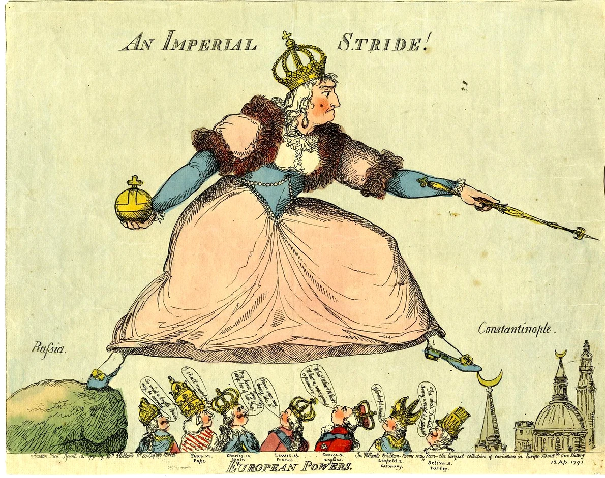 O caricatură englezească din 1791 care satirizează ambiția împărătesei Ecaterina cea Mare de a cuceri Constantinopolul (© British Museum / Wikimedia Commons)