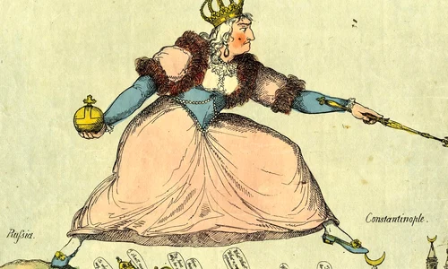 O caricatură englezească din 1791 care satirizează ambiția împărătesei Ecaterina cea Mare de a cuceri Constantinopolul (© British Museum / Wikimedia Commons)