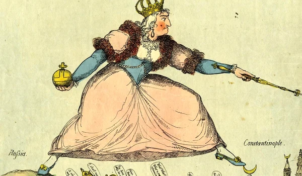 O caricatură englezească din 1791 care satirizează ambiția împărătesei Ecaterina cea Mare de a cuceri Constantinopolul (© British Museum / Wikimedia Commons)