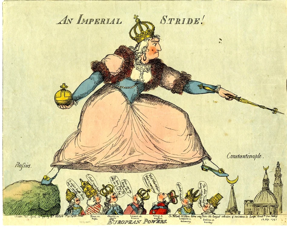 O caricatură care înfățișa ambițiile împărătesei Ecaterina cea Mare FOTO wikimedia commons