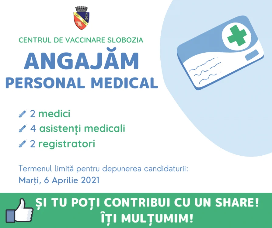 Primăria Slobozia caută personal pentru Centrul de vaccinare din oraş FOTO Facebook/Municipiul Slobozia