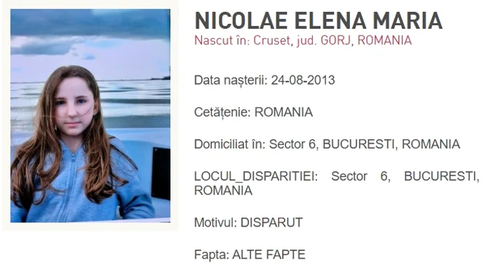 O fetiță de 12 ani dispărută în Sectorul 6 al Capitalei FOTO: Poliția Română
