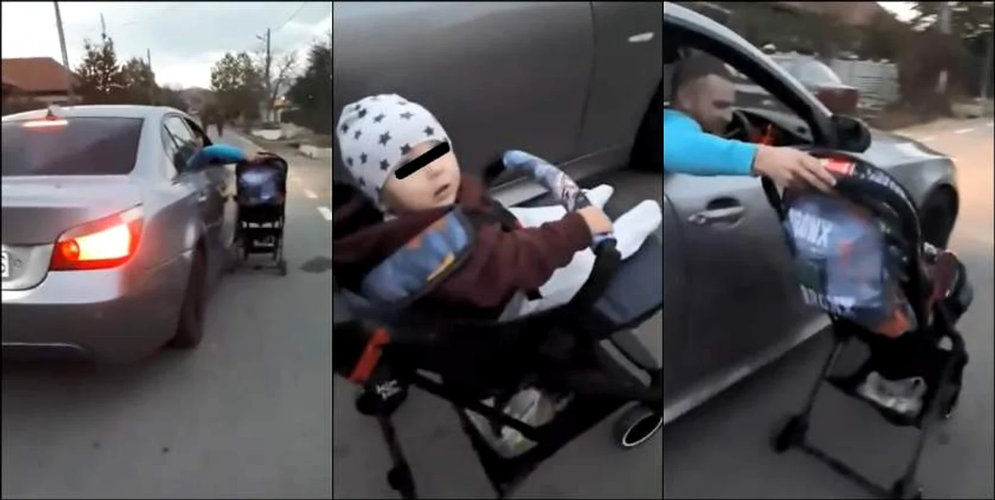 
    Bebelușul în cărucior tras de mașină   