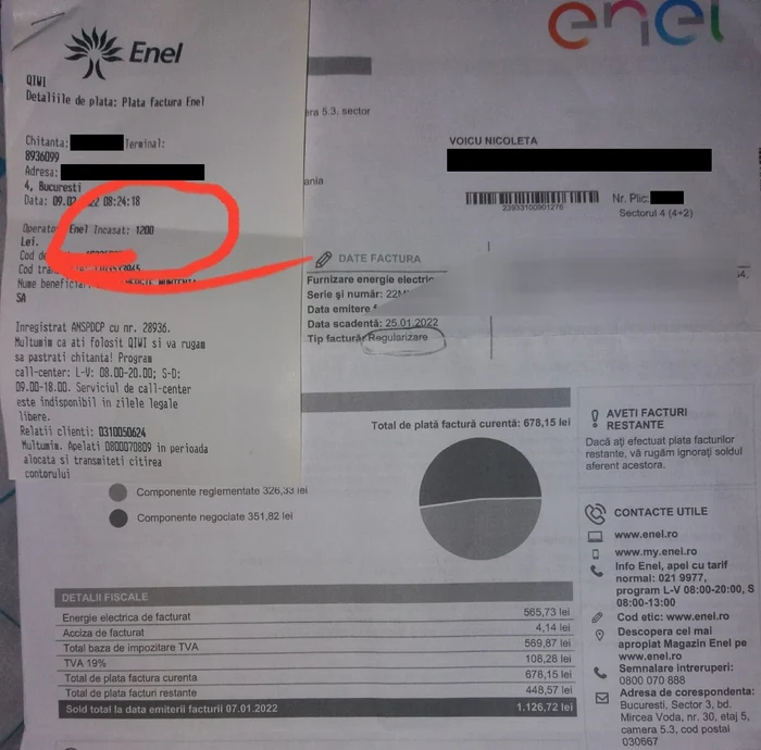 Factura de 678,15 lei, cu regularizare, plătită de Nicoleta