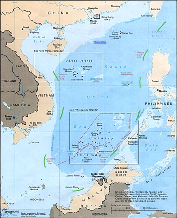 Foto: Pretențiile teritoriale ale Chinei în Marea Chinei de Sud, „Cele 9 linii întrerupte”, cu James