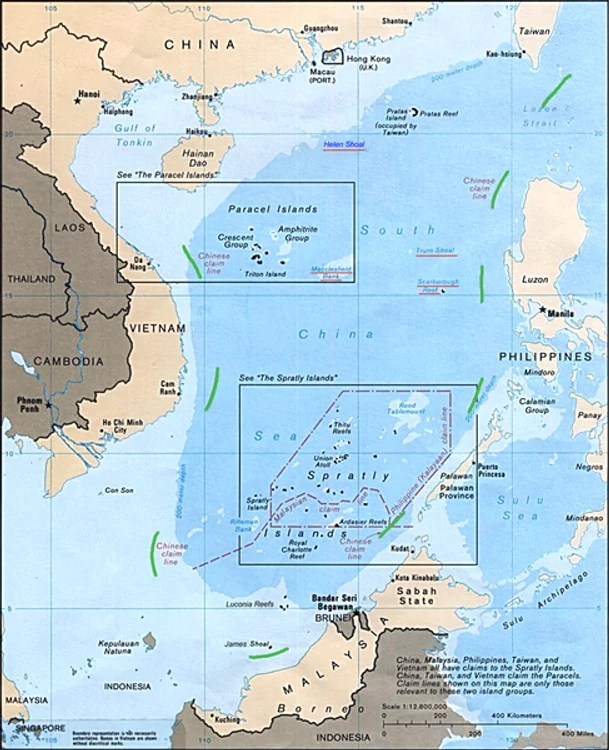Foto: Pretențiile teritoriale ale Chinei în Marea Chinei de Sud, „Cele 9 linii întrerupte”, cu James