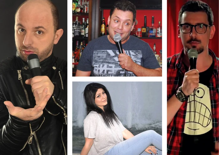 Marius Gheorghiu (stânga), alături de colegii de la Stand Up Academy, Gabriel Dinu, Alexandra Maria și Bogdan Nițu
