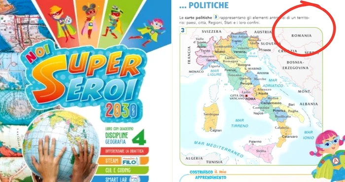 Ungaria, înlocuită cu România pe o hartă dintr-un manual de geografie italian.