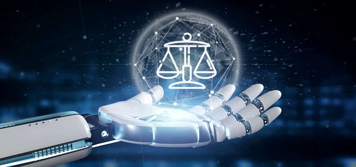 O mână de robot ține o hologramă cu balanța dreptății, sigerând inteligența artificială