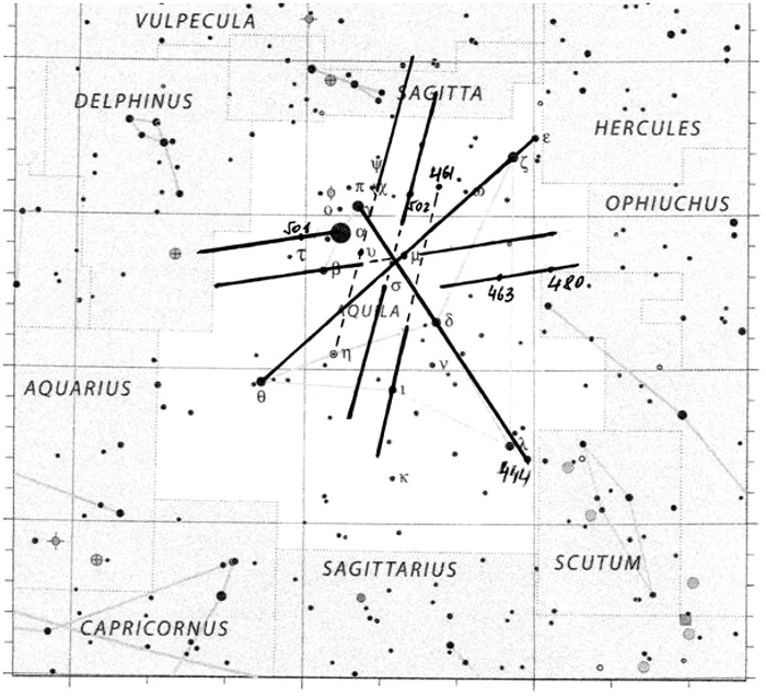 Fig. 14. Reprezentarea hieroglifei nr. 5 în constelația Acvila.
Fig.14. Representation of hieroglyph no. 5 in Aquila constellation