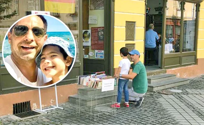 Dan Negru, în faţa unei librării din Sibiu, alături de fiul lui, Bogdan
