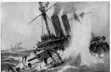 Der englische Kreuzer HAWKE wird von einem deutschen Unterseeboot in den Grund gebohrt  Darstellung von Willy Stoewer 1914 jpg
