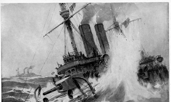 Der englische Kreuzer HAWKE wird von einem deutschen Unterseeboot in den Grund gebohrt  Darstellung von Willy Stoewer 1914 jpg