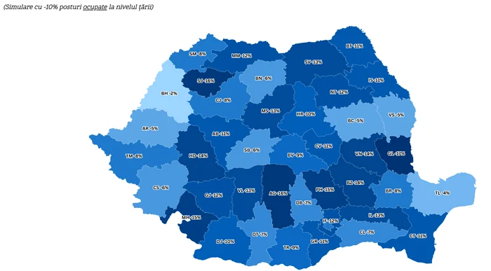 Hartă simulare reduceri de posturi ocupate. FOTO: gov.ro
