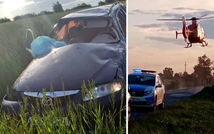 Şoferul a pierdut controlul direcţiei şi s-a răsturnat în şanţ. O fetiţă de 13 ani a fost preluată de elicopterul SMURD. FOTO: ISU Crişana/Facebook Info Trafic Bihor& Oradea