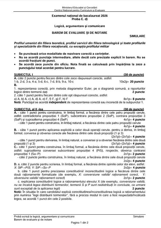 Barem corectare simulare BAC logică 2026 FOTO Edupedu.ro