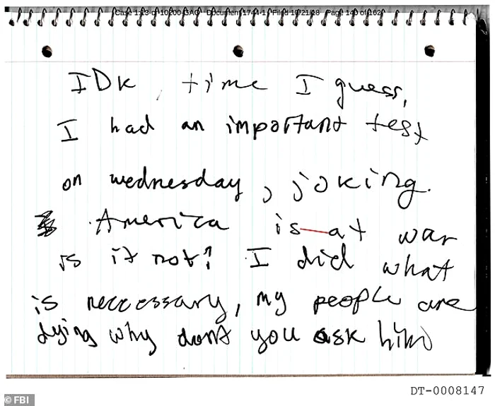 O pagină din jurnalul scris de Djohar la scurt timp după ce a fost reţinut