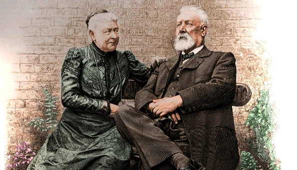 Jules Verne și soția sa, Honorine Anne Hébée du Fraysne de Viane, în jurul anului 1900. Imagine publicată de săptămânalul francez L'Illustration în aprilie 1905, după moartea scriitorului (© Wikimedia Commons)