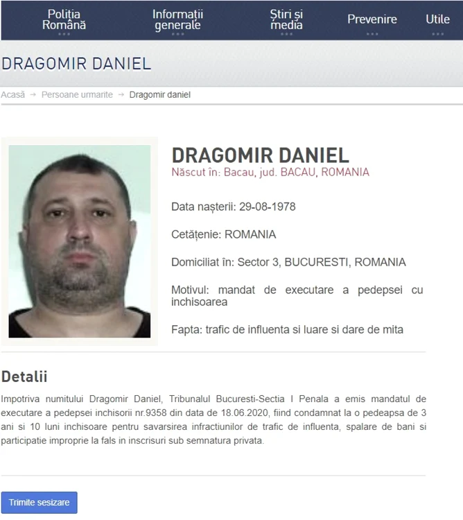 Daniel Dragomir apare acum pe siteul IGPR la secţiunea „Persoane urmărite” Imagine: Poliţia Română