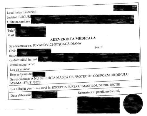 Adeverința medicală prezentată de Diana Șoșoacă pentru a nu purta mască