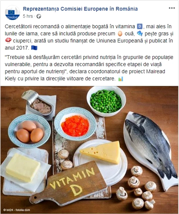Reprezentanţa Comisiei Europene la Bucureşti a postat pe pagina sa de Facebook fragmente dintr-un studiu privind vitamina D