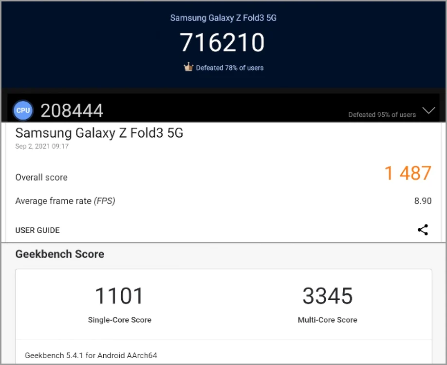 Samsung Galaxy Z Fold 3 5G teste sintetice