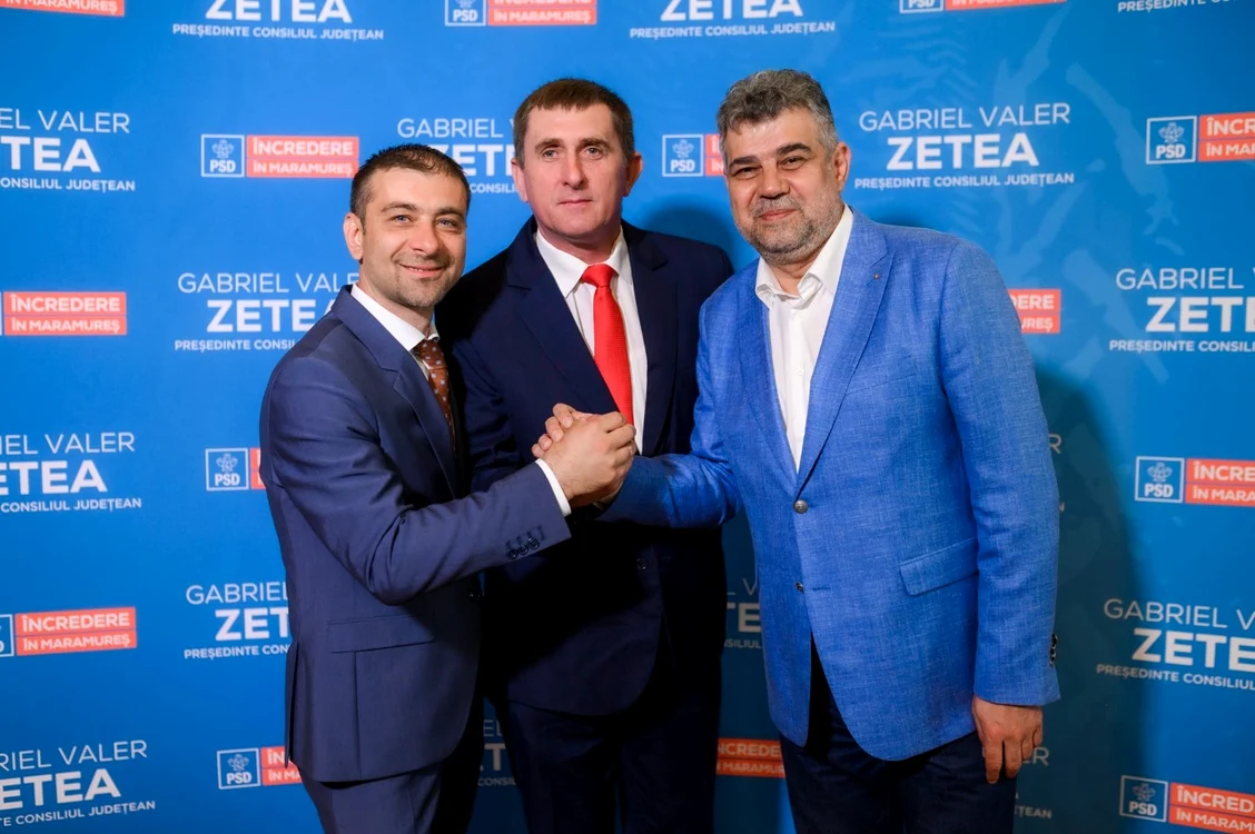 Șeful PSD Maramureș Gabriel Zetea, primarul Daniel Pop și Marcel Ciolacu, Iunie 2024. FOTO: PSD