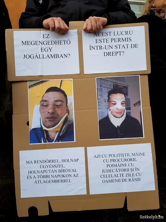 Poliţiştii locali din Odorheiu Secuiesc au protestat în faţa Judecătoriei locale împotriva deciziei prin care agresorul colegului lor a fost lăsat în libertate. Foto: szekelyhon.ro