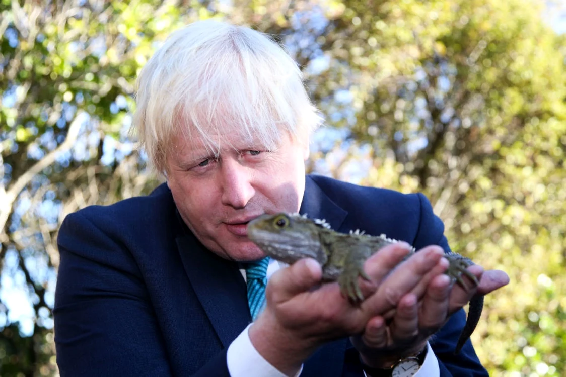 Secretarul britanic de externe Boris Johnson ţine o tuatara în timpul unei vizite la ecosanctuarul Zealandiea în Wellington Noua Zeelandă FOTO Guliver / Getty Images / Hagen Hopkins