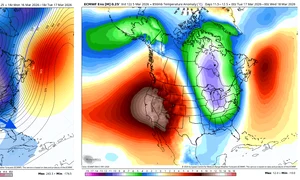 winter spring forecast march stratospheric warming pressure temperature anomaly ecmwf ensemble mean united states polar vortex split cold air core png