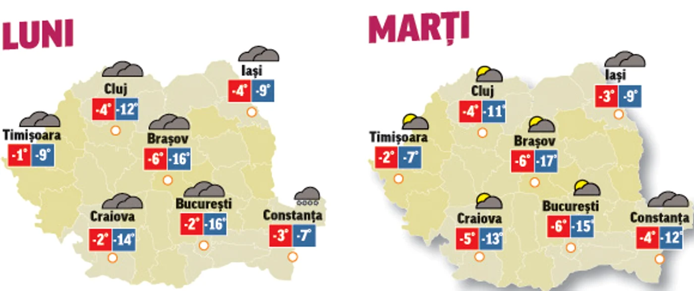 Prognoza meteo pentru următoarele două zile anunță că ninsorile se mai răresc dar va persista gerul