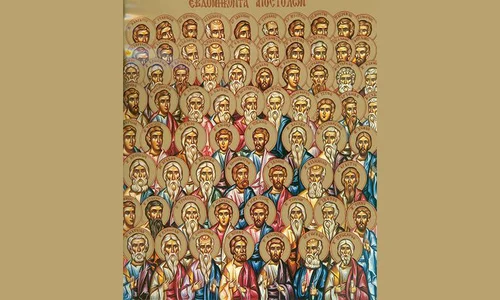 calendar ortodox 2022 4 ianuarie Soborul Sfinților 70 de Apostoli Icoană sec  XX, Mănăstirea Panahrantou, Megara (Grecia)   Colecția Sinaxar la Sfinții zilei (icoanele litografiate se găsesc la Catedrala Mitropolitană din Iași) jpg