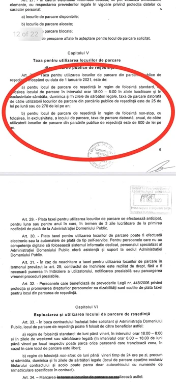 Documentul care anunță majorarea taxei de parcare de reședință, în sectorul 1, de la 1 ianuarie 2021