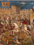 Împăratul Constantin Paleologul luptă împotriva turcilor care au pătruns în Constantinopol. Pictură de Theophilos Hatzimihail (© Wikimedia Commons)